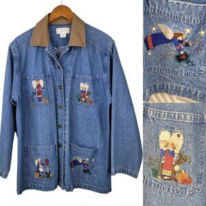 Vintage Denim Barn Jacket Large Embroidered Angels Gardening Shacket Jean Chore